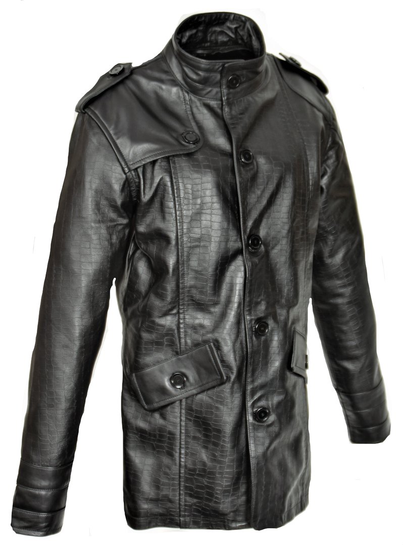 Manteau court en VRAI cuir noir avec impression crocodile en relief