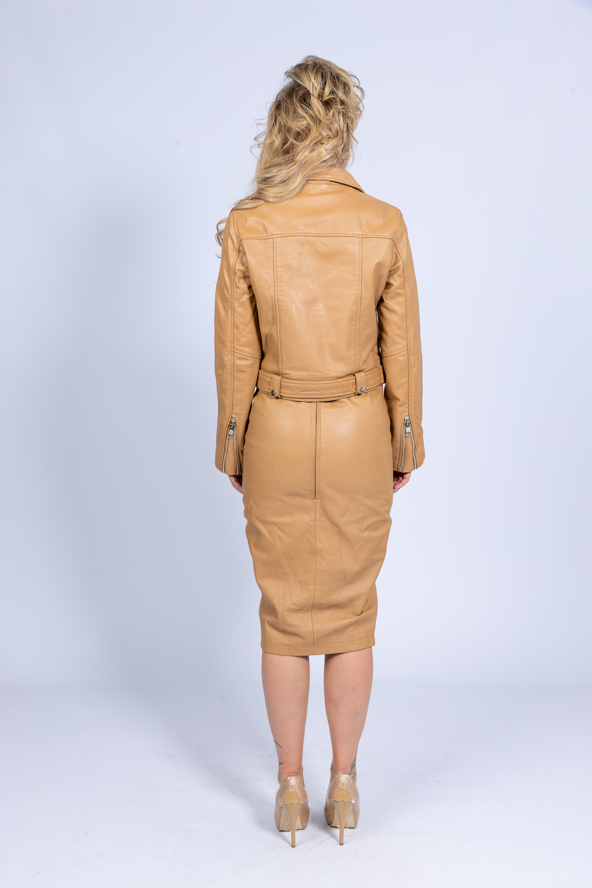 Falda de cuero, falda lápiz de cuero genuino en elegante color marrón beige