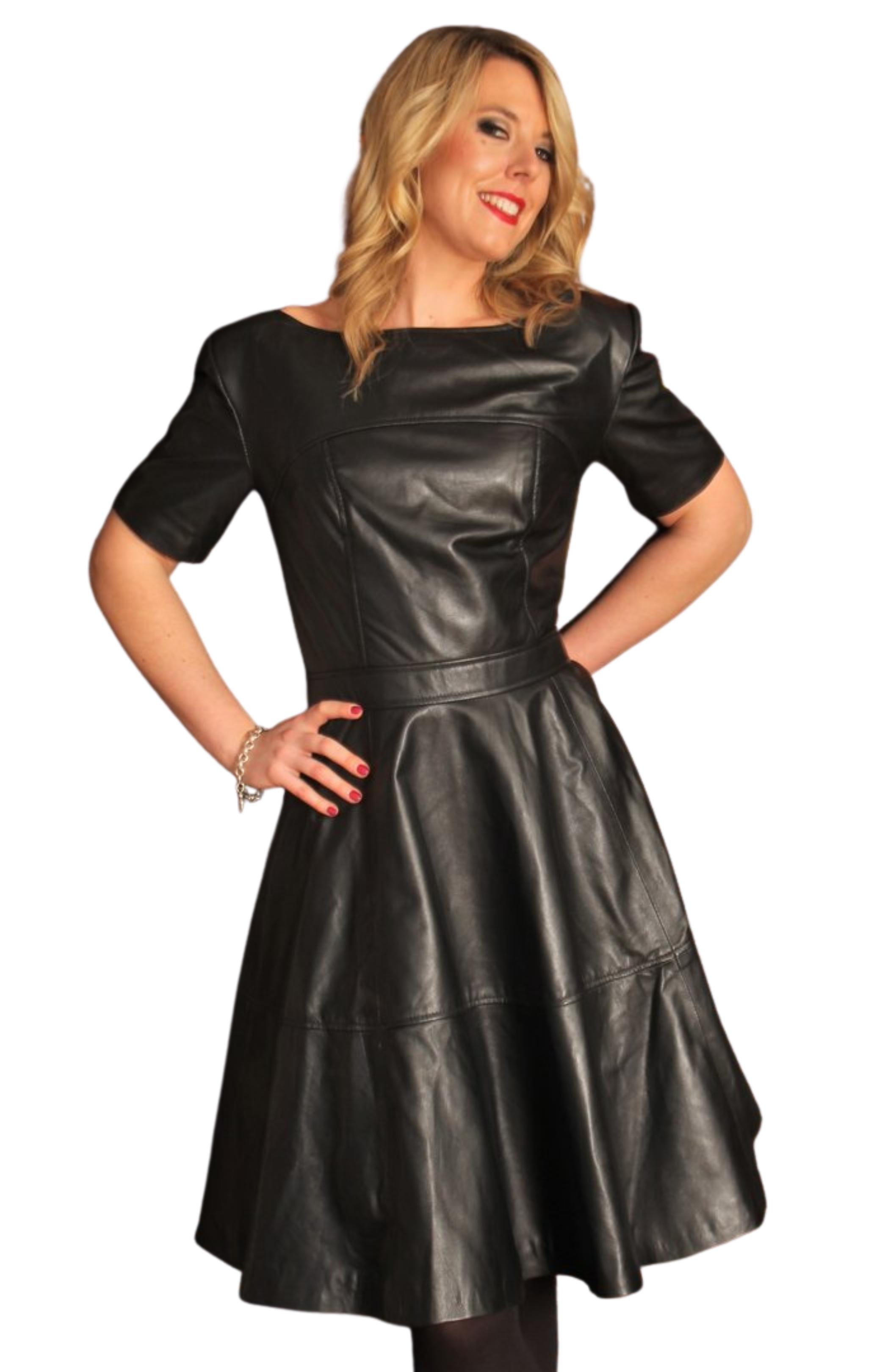 A-Style Dress in GENUINE Leather in black -Boston Short Sleeves-