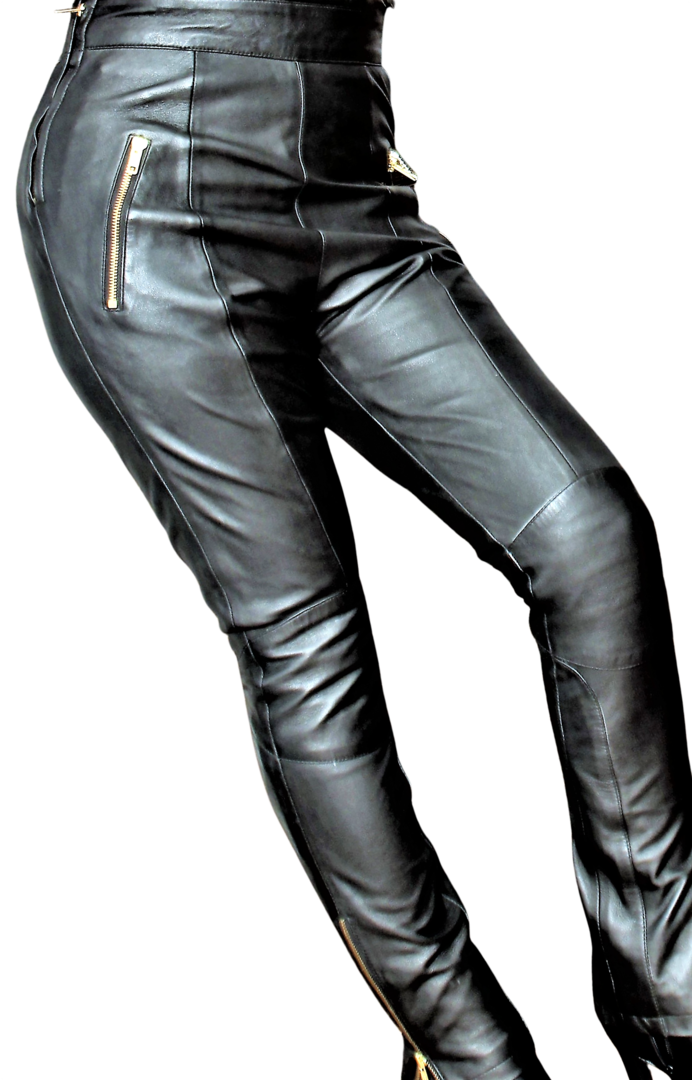 Pantalones de cuero genuino con cintura alta