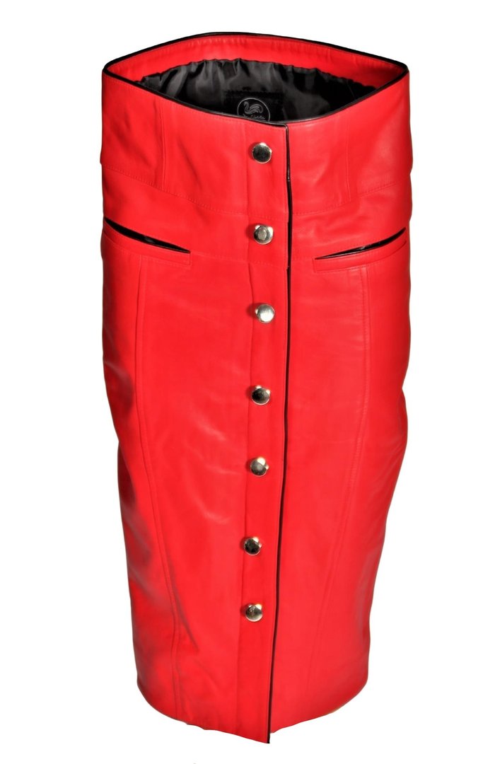 Falda de cuero de largo midi con TAILLE ALTA de CUERO genuino en rojo