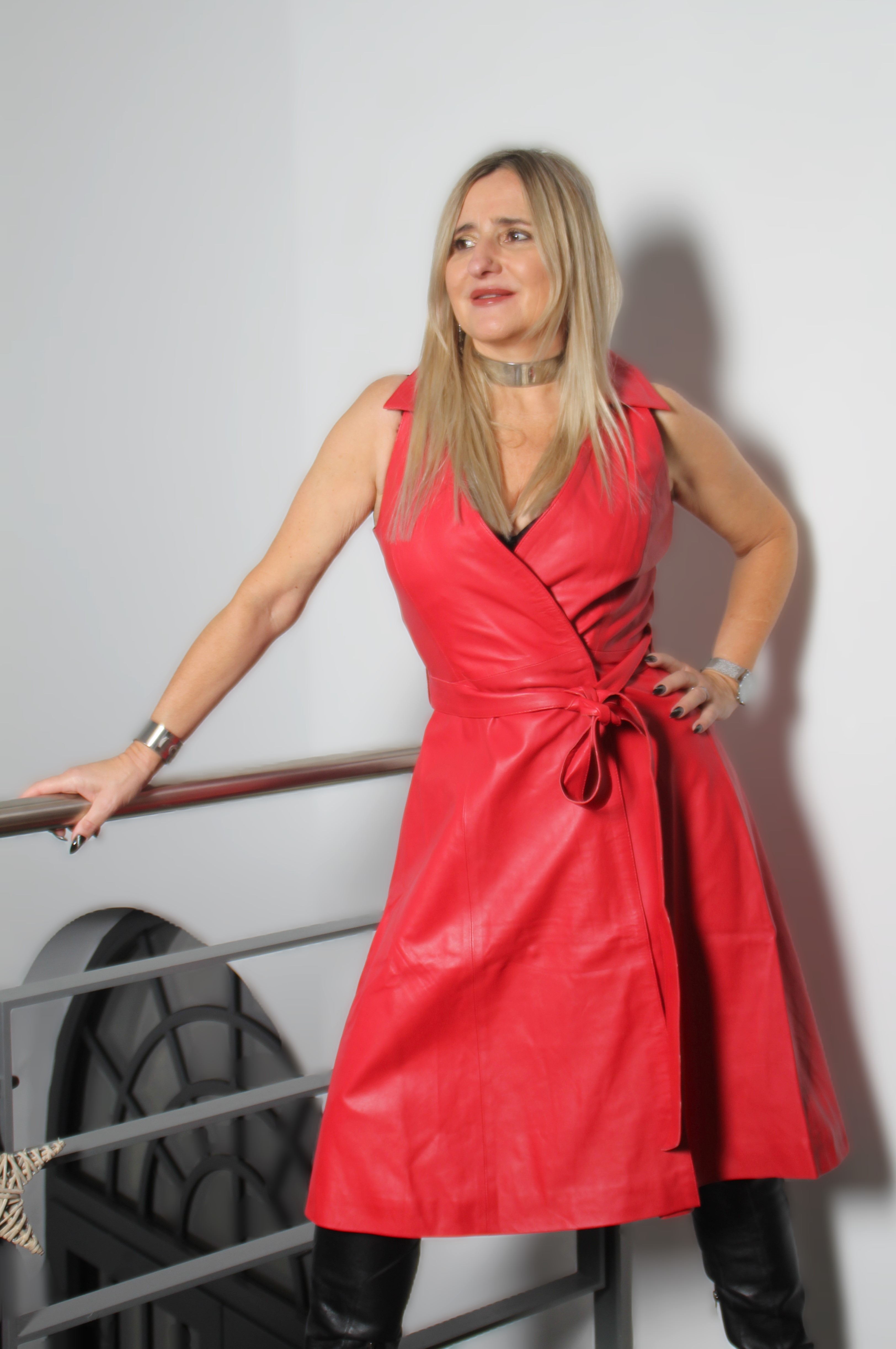 Leather Dress as Wrap Dress in GENUINE LEATHER in red