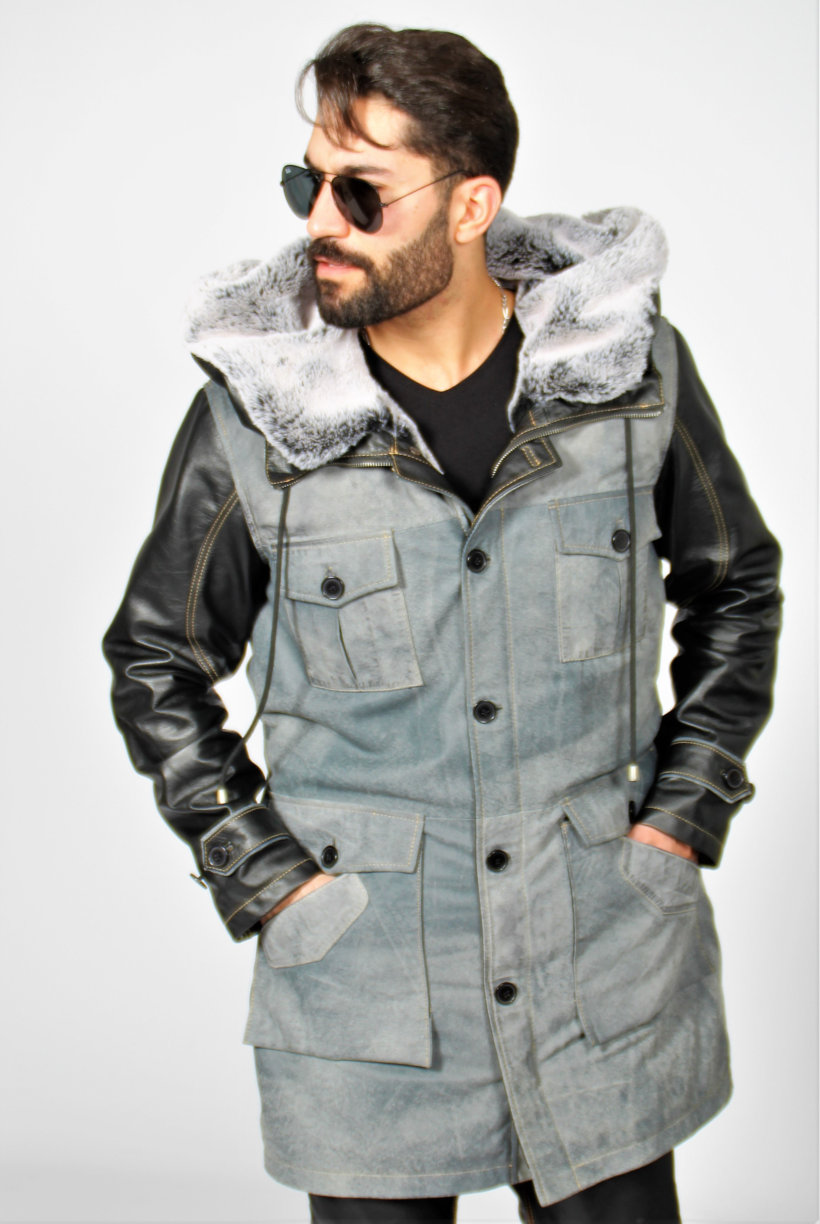 Leather parka made of GENUINE leather in grey