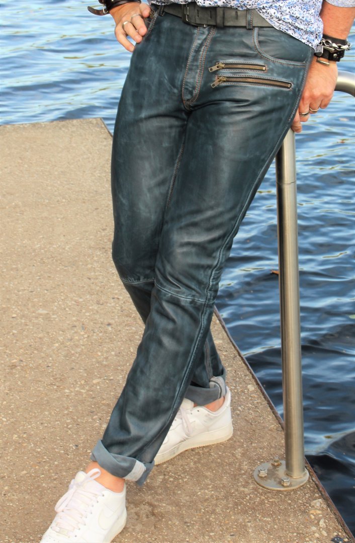 Lederen broek designer jeans REAL lederen donkerblauwe vintage USED LOOK