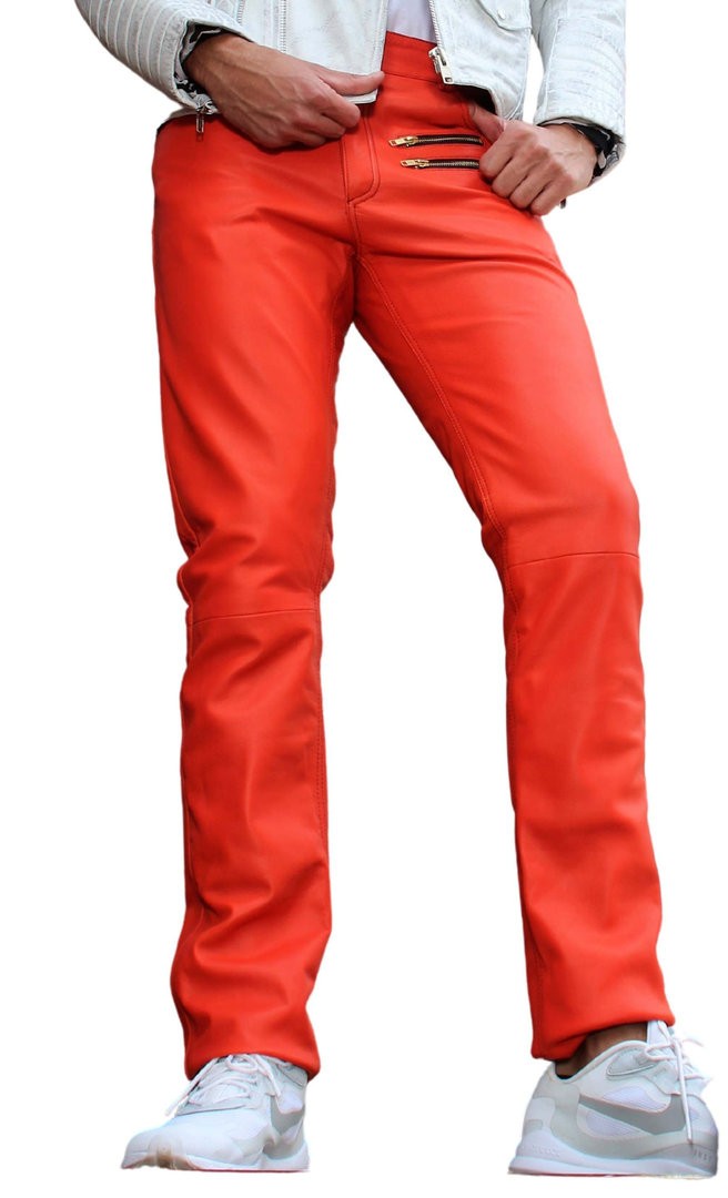 Pantaloni di pelle - pantaloni in pelle arancione vera pelle
