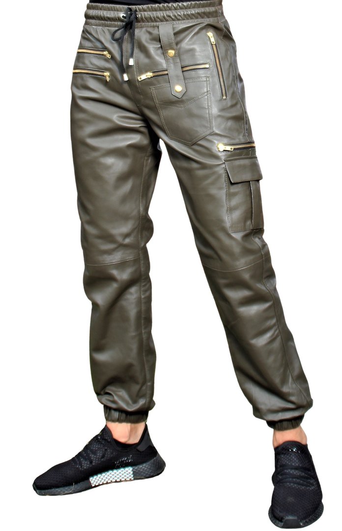 Pantaloni della tuta Lederhose REAL Cargo Borse in pelle Uomo oliva