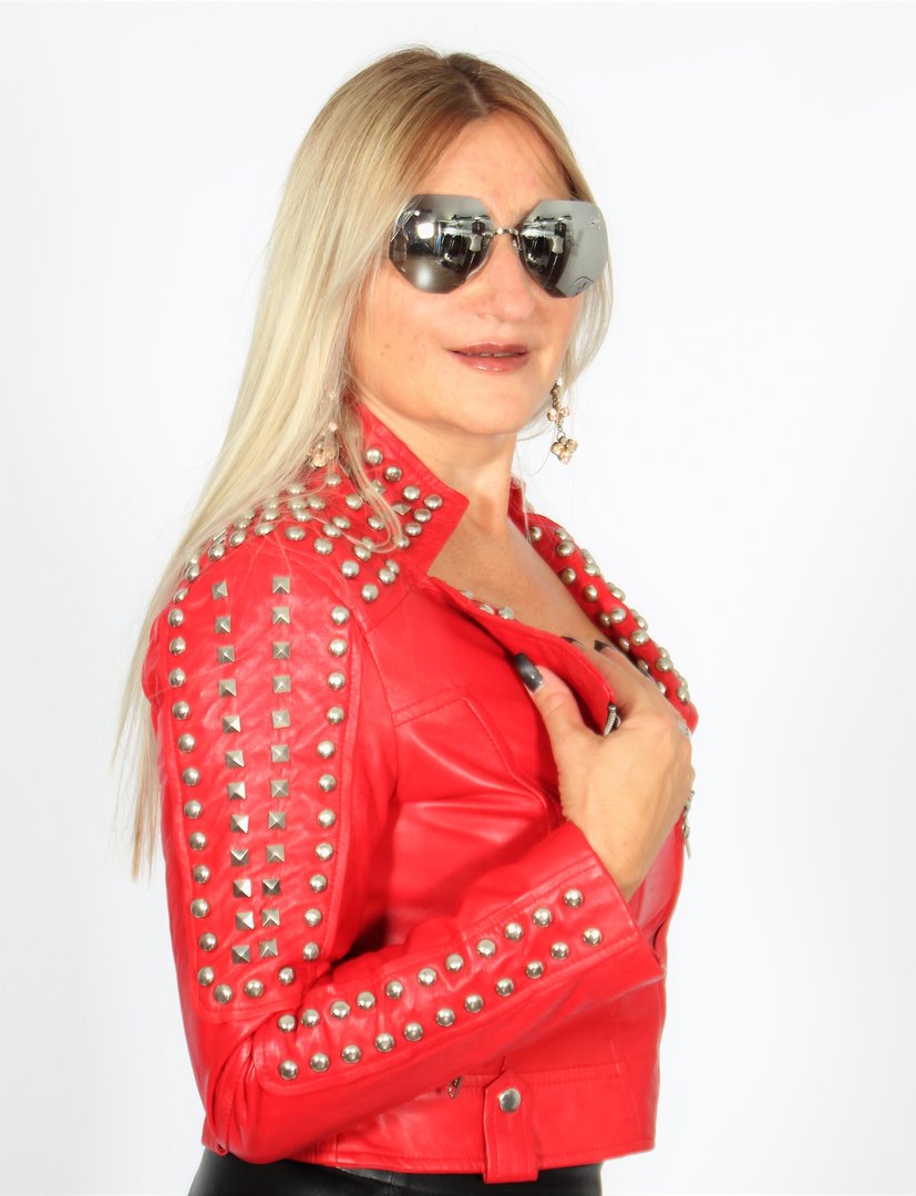 Leather Jacket - SHORT CUT Biker Style with rivets in red