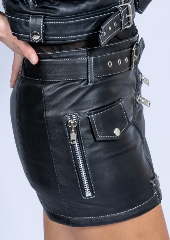 Leather mini skirt in soft genuine black leather in black