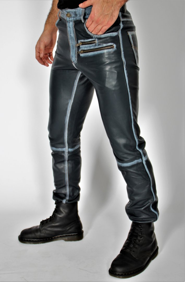 Lederen broek als designer jeans REAL leder donkerblauw GEBRUIKT LOOK