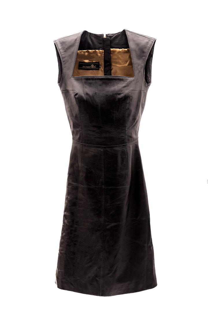 Leather dress made of GENUINE LEATHER black in knee length POMPÖÖS