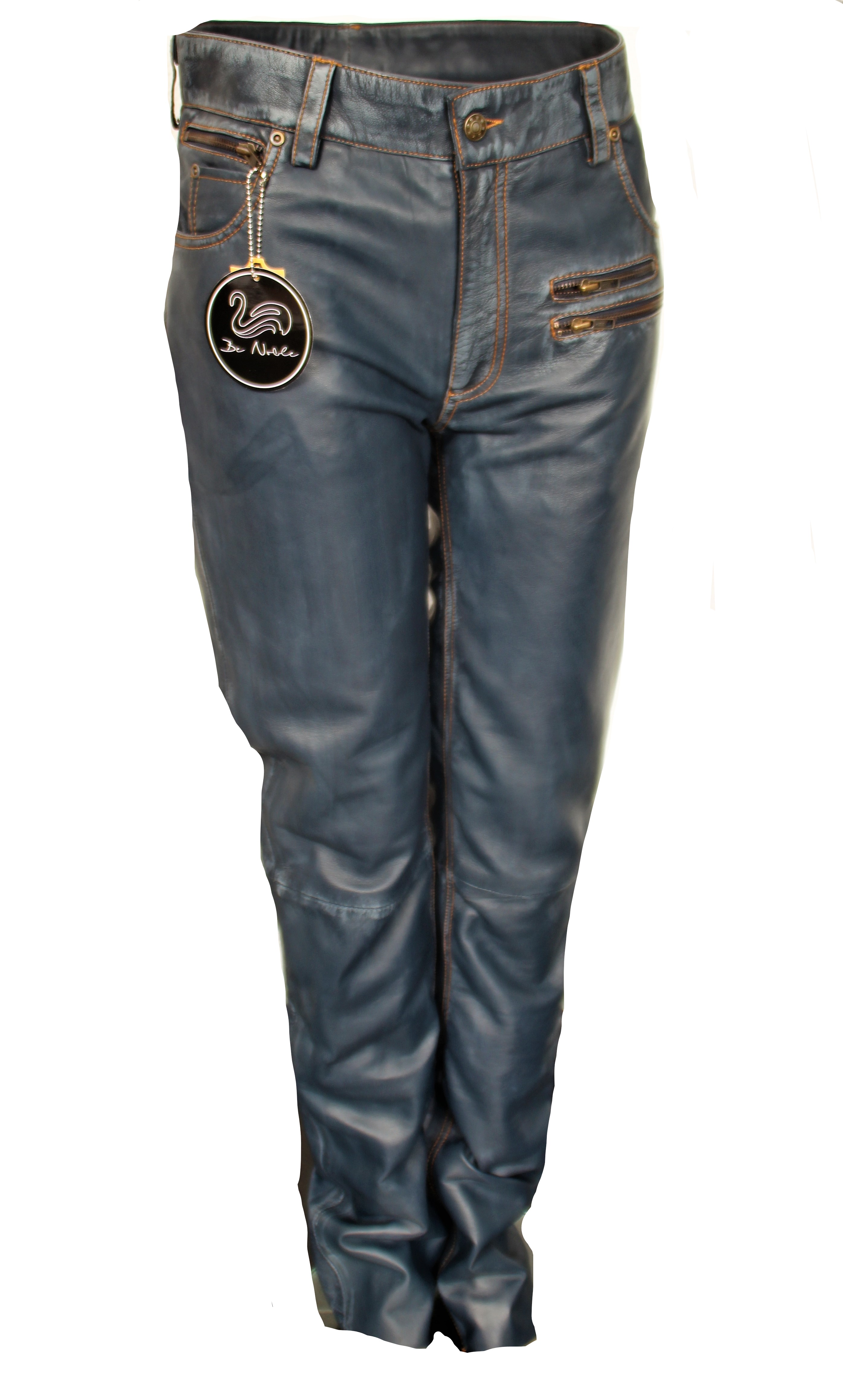 Pantalones de cuero como jeans de cuero de diseño en cuero genuino azul oscuro