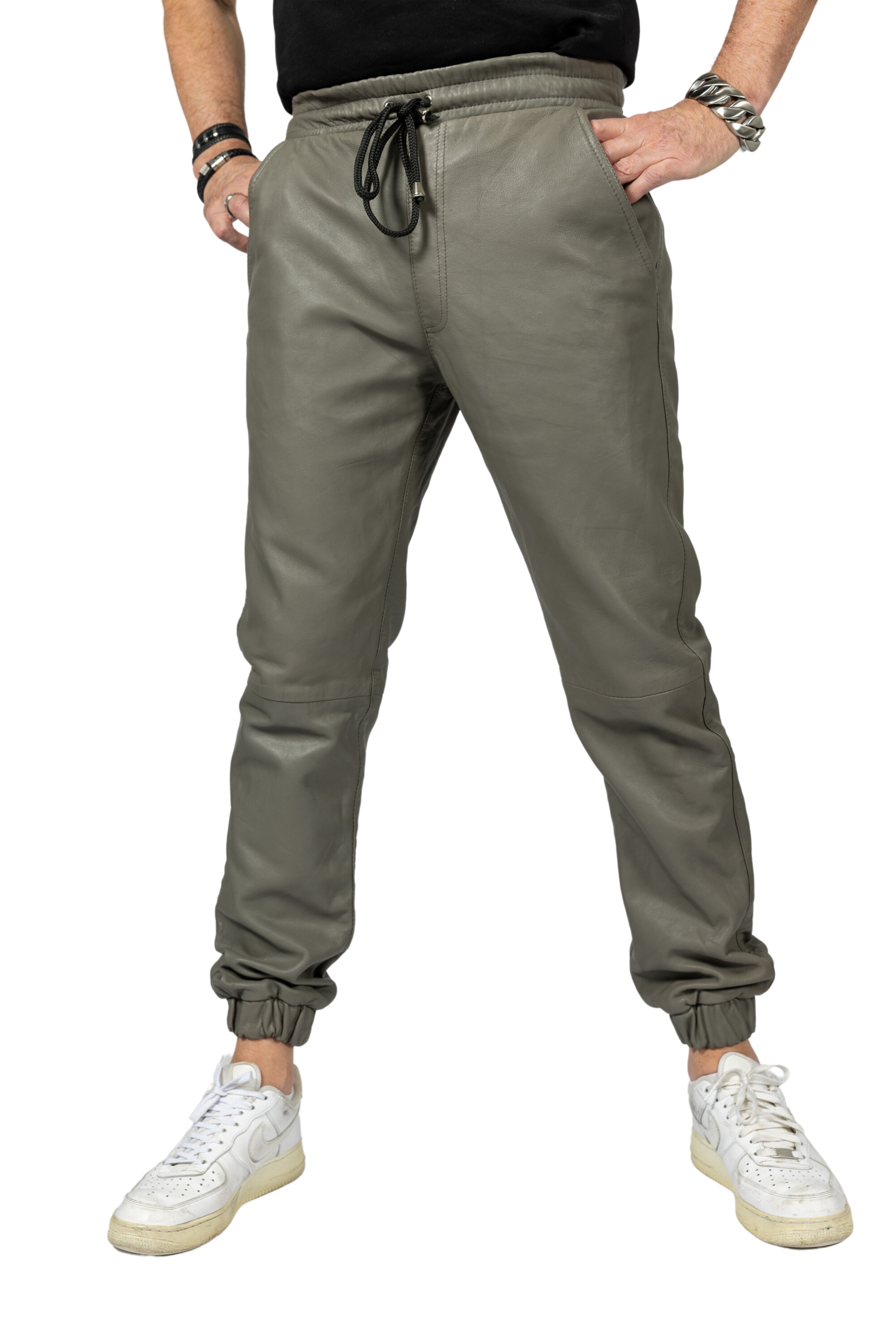 Pantalones de cuero pantalones de jogging de cuero genuino gris