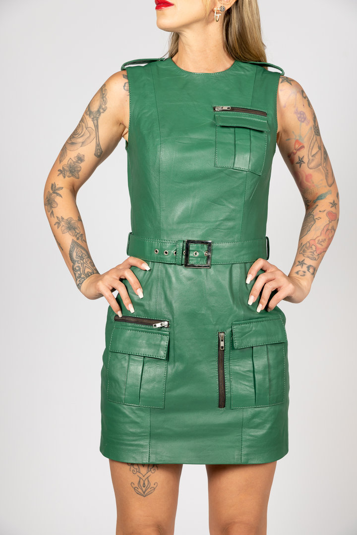 GENUINE LEATHER DRESS in Green-Beverly Hills-
