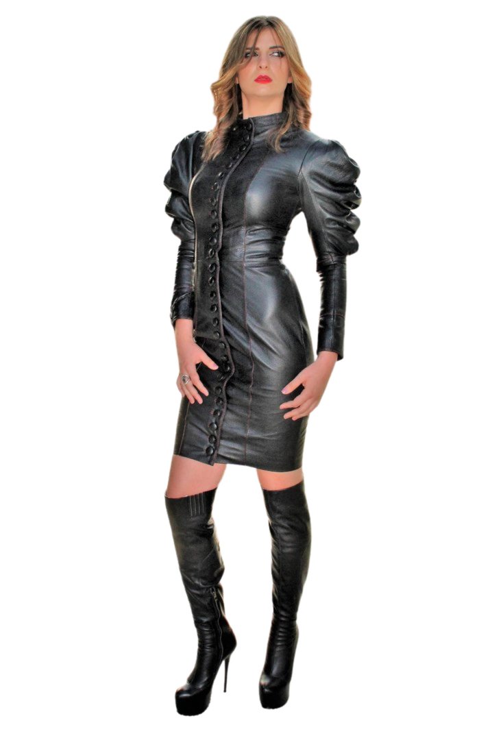 Leather dress with puff sleeves in a tight style