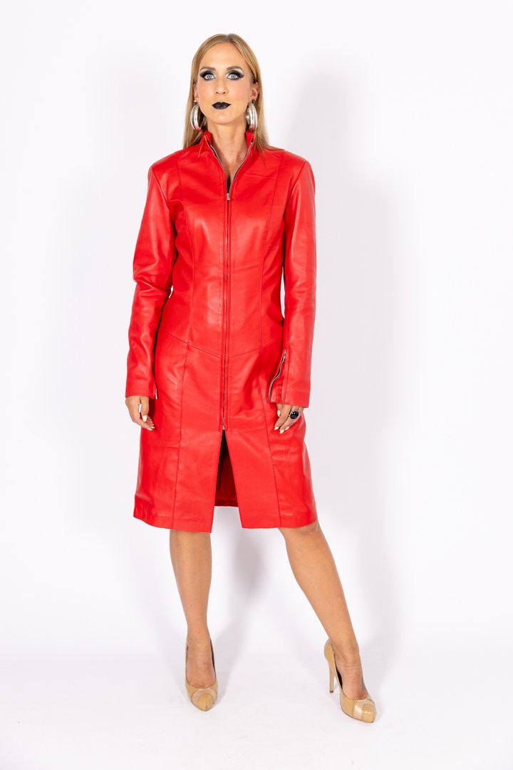 Leather Coat Leather Dress in RED GENUINE LEATHER with Zipper