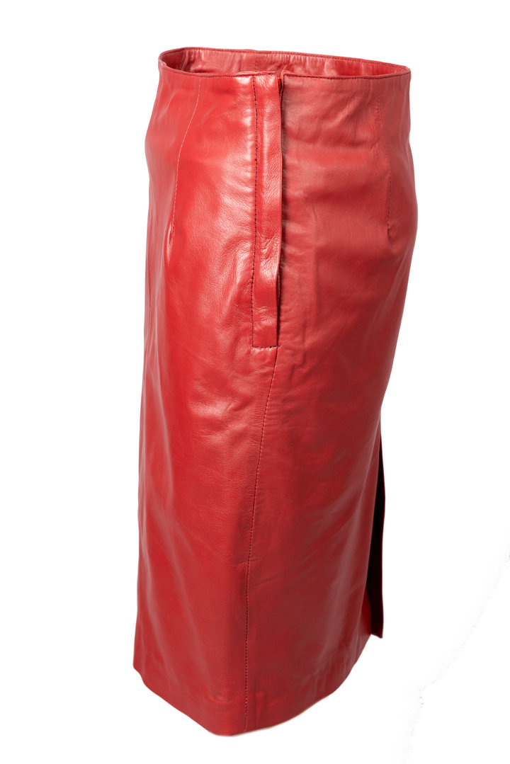 Falda de cuero, falda lápiz de cuero genuino en rojo