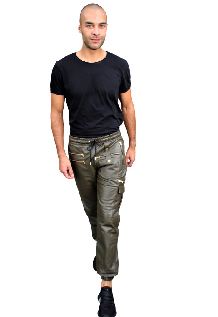 GENUINE Leather Jogging Trousers With Cargo Bags Men olive