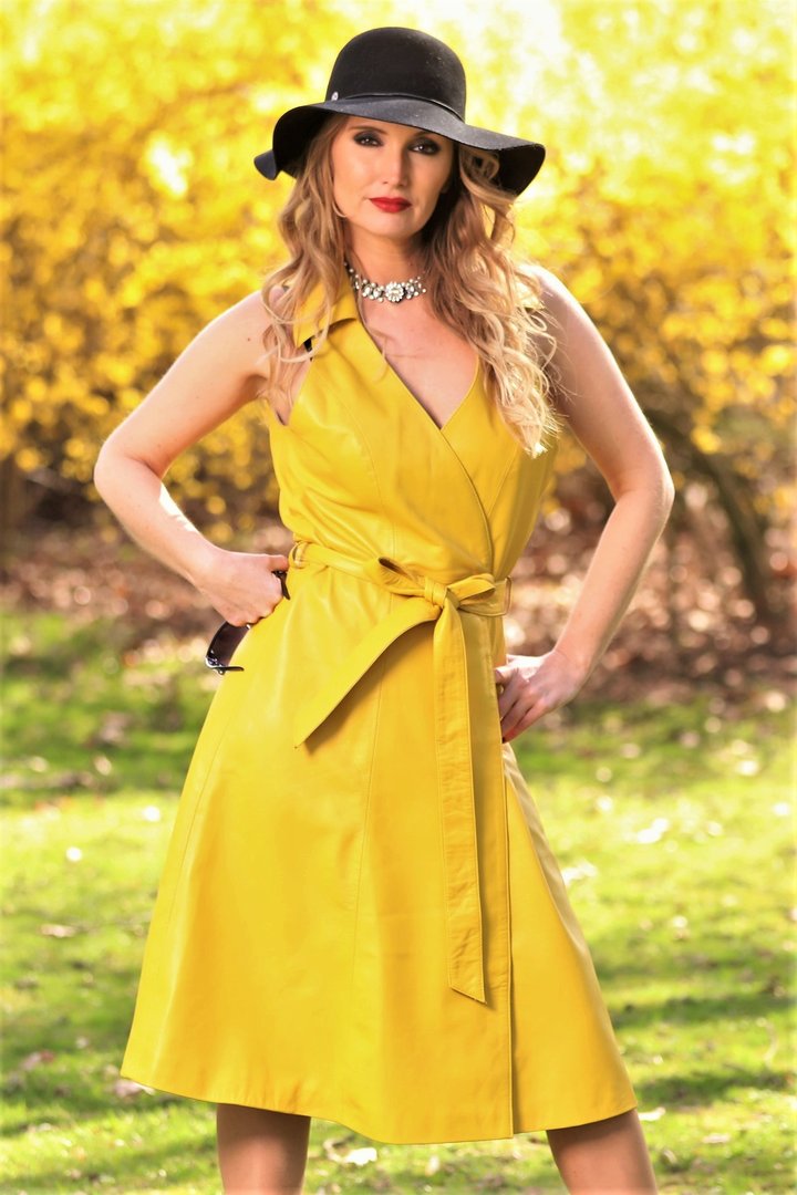 Leather Dress as Wrap Dress in GENUINE LEATHER in yellow