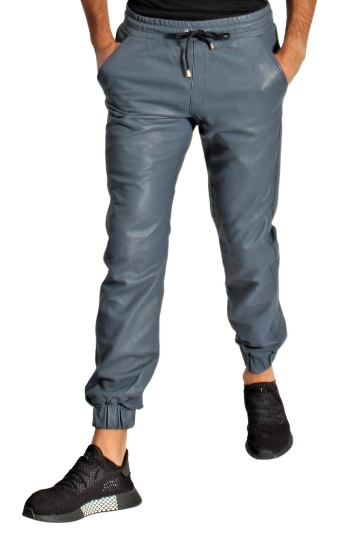 Jogging Trousers in GENUINE LEATHER in blue for Ladies