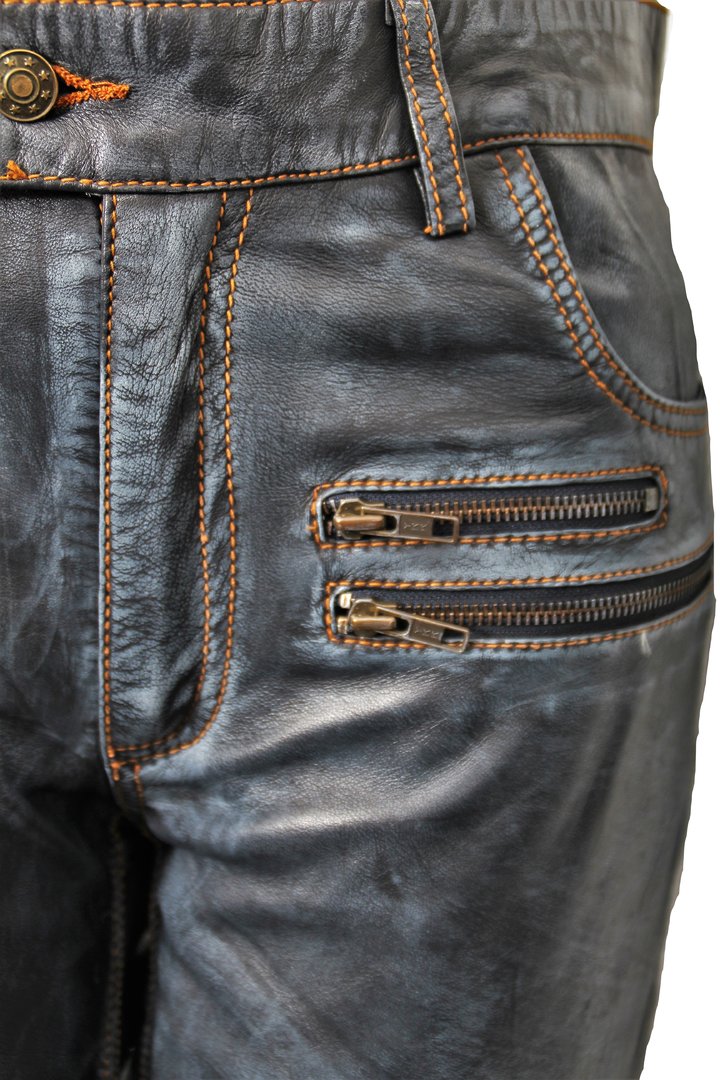 Pantalon en cuir jeans en cuir designer VRAI cuir bleu foncé Vintage USED LOOK