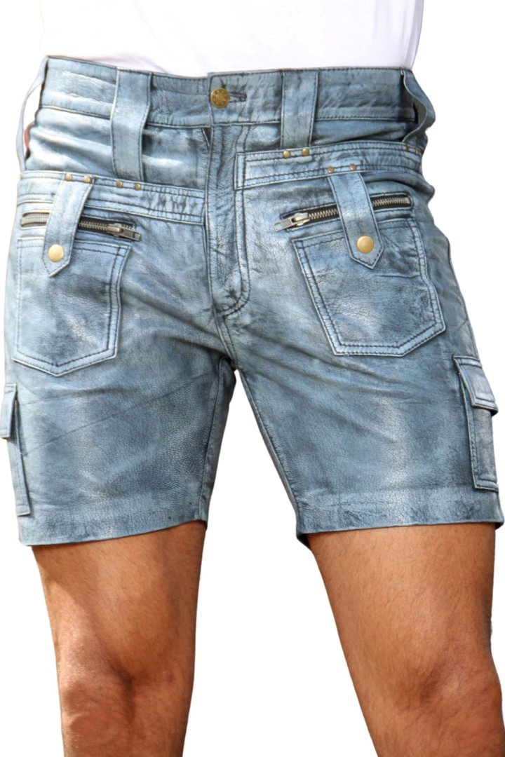 Leder-Shorts Cargohose im Vintage Look ECHT-LEDER blau