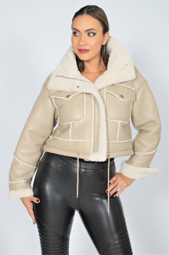Faux leather jacket with faux fur in beige
