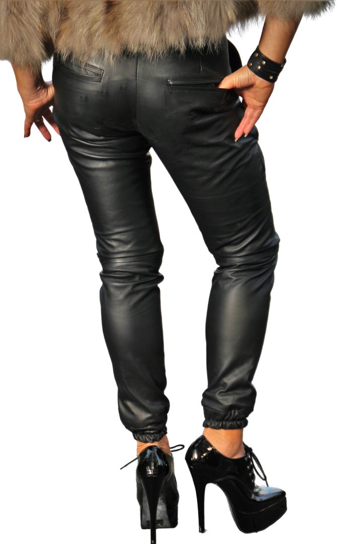 Pantalon de jogging en style noble en cuir vrai avec taille à cordon