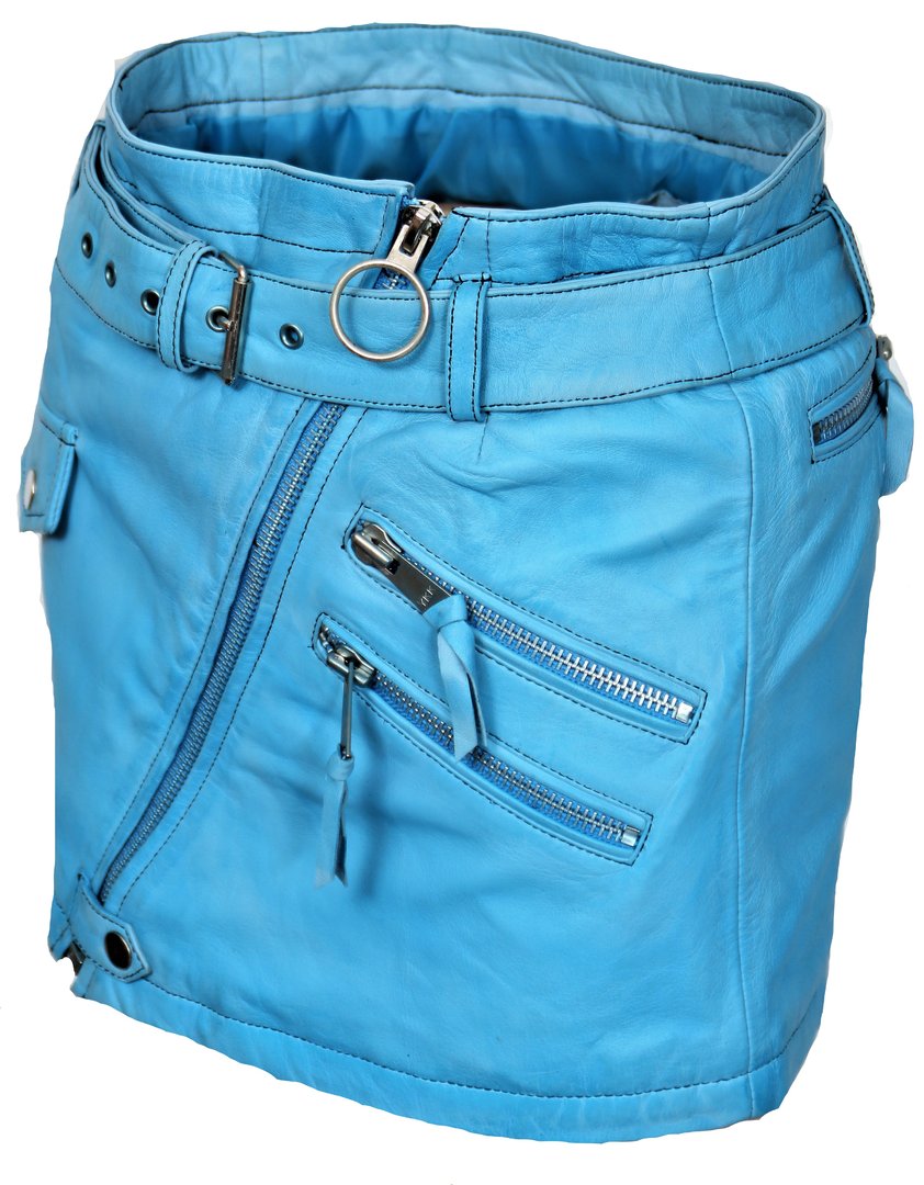 Leather mini skirt in soft genuine light blue leather