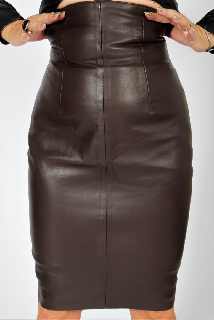 Leather High Waist Skirt in soft Genuine Leather in brown