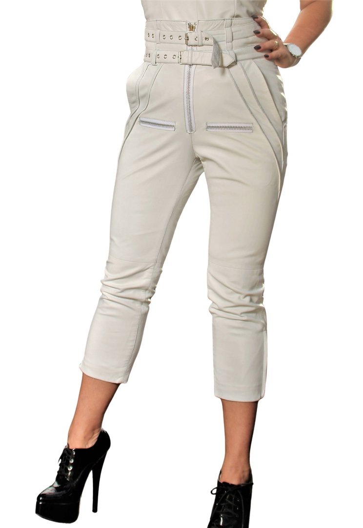 Pantalones de cuero de diseño en cuero genuino blanco con cintura alta