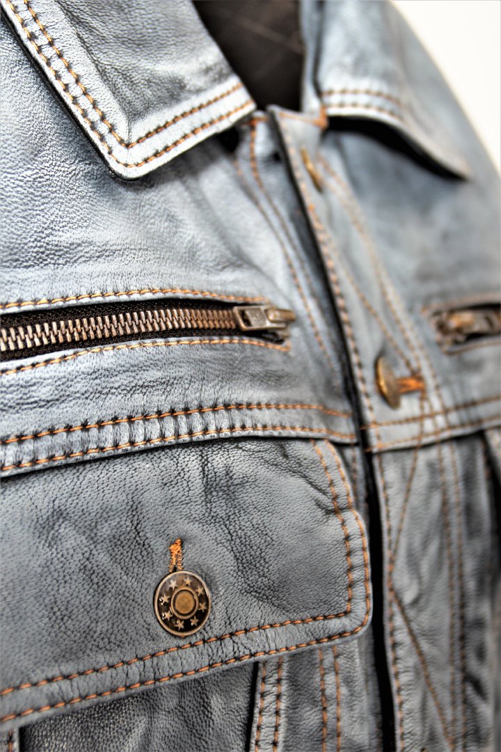 Leren jack in jeans-stijl gemaakt van ECHT leer in USED LOOK blauw