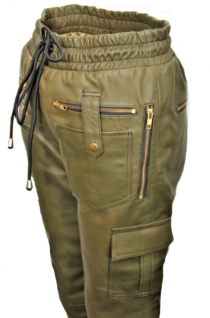 GENUINE Leather Jogging Trousers With Cargo Bags Men olive