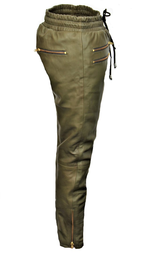 Designer Trouser as Jeans in GENUINE Leather in olive
