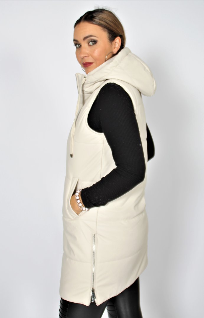 Quilted winter vest with hood in beige